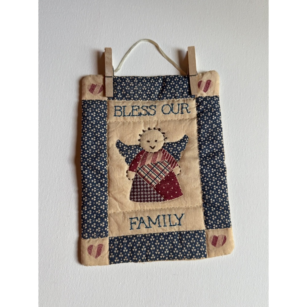 Vintage 80s Quilted Angel Wall Hanging Bless Our Family Folk Art Farmhouse Decor